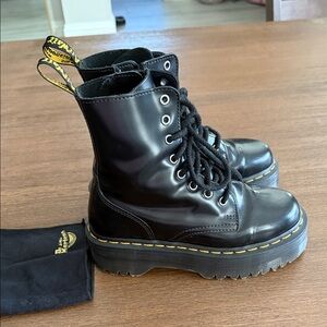 Dr. Martens Shiny Black platforms Boots with Yellow Stitching